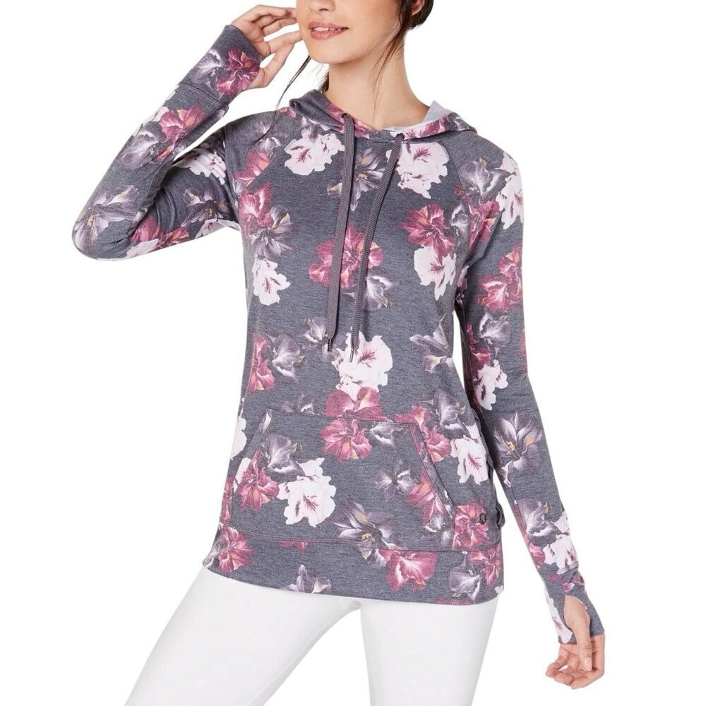 NWOT Ideology Floral-Print Lace-Up Hoodie Gray Size M